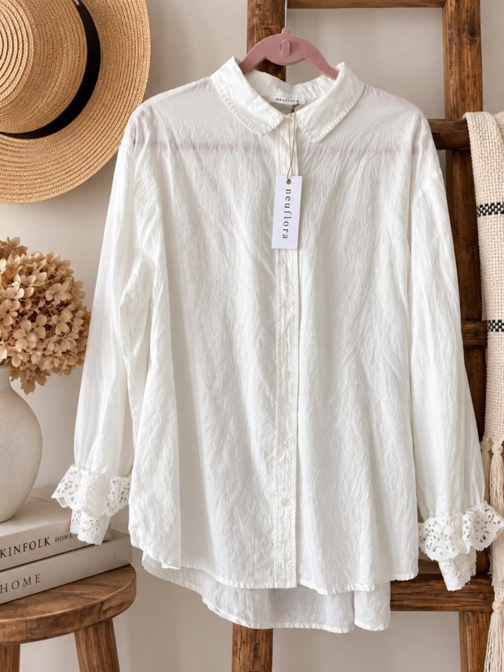 Neuflora Oakdale White Cotton Lace Eyelet Button Down Blouse L NWT